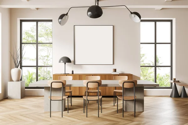 Stylish Dining Room Interior Chairs Table Hardwood Floor Dresser Art — Stock Photo, Image