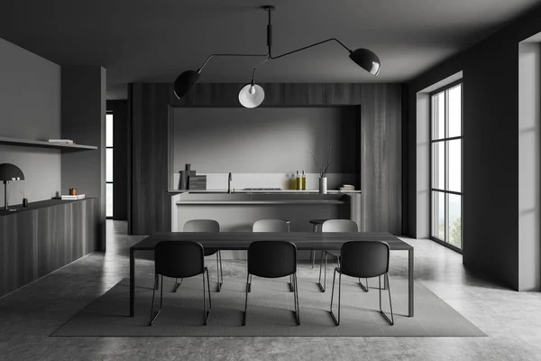 Dark Kitchen Interior Dining Table Chairs Bar Island Grey Concrete — Stock Photo, Image