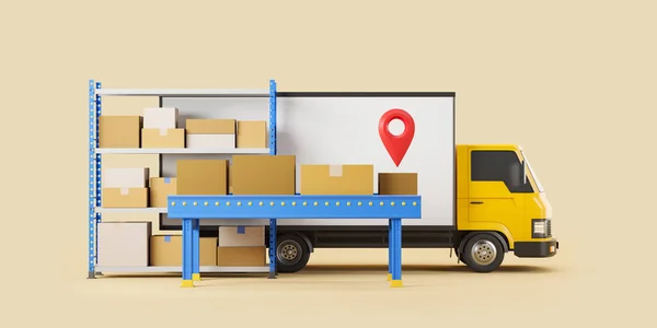 Truck and shelf with cardboard boxes, conveyor and red location pin, yellow background. Concept of delivery and logistics. Mockup copy space. 3D rendering