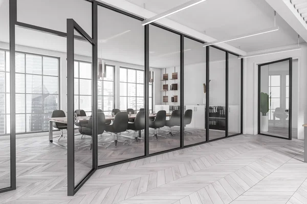 White Business Interior Meeting Room Glass Doors Armchairs Board Grey —  Fotos de Stock