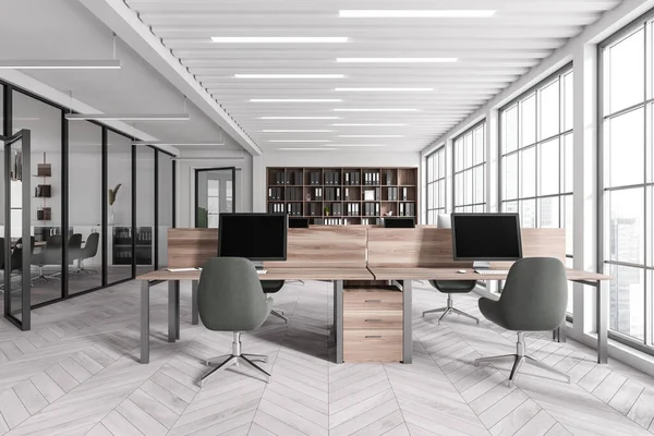 White business room interior with armchairs and desk with pc computers, panoramic window with Singapore city view. Conference room behind glass doors. 3D rendering