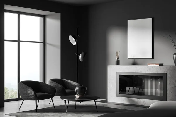 Dark Living Room Interior Two Armchairs Side View Fireplace Coffee — Stock fotografie