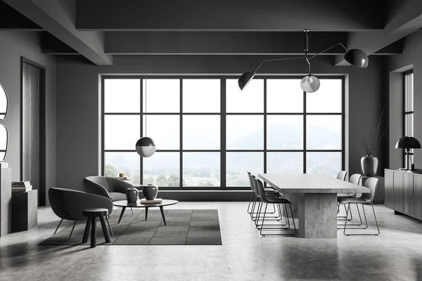 黑暗的客厅内部有座位和桌子 灰色混凝土地板 乡村的全景窗户 两张扶手椅 上面铺有咖啡桌 3D渲染 — 图库照片