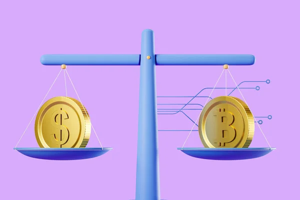 Dollar Bitcoin Minimalist Scales Purple Background Concept Trading Cryptocurrency Rendering — Stock Photo, Image