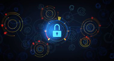 Lock icon with lines, global security system and data protection. Circuit connection in cyberspace. Concept of internet privacy and information. 3D rendering