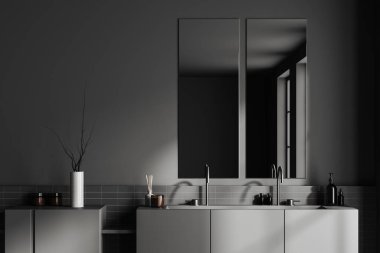 Front close up view on dark bathroom interior with two large mirrors, double sink, grey walls, shelf with shampoo and houseplant. Concept of water treatment. 3d rendering