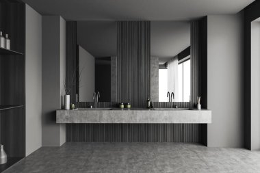 Dark bathroom interior with double sink and mirror, grey concrete floor. Bathing accessories and shelf with decoration. Panoramic window. 3D rendering