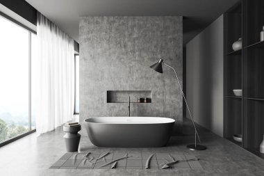 Front view on dark bathroom interior with panoramic window, bathtub, grey walls, shelf with crockery and bottles, carpet, stool with towels, concrete floor. Concept of water treatment. 3d rendering