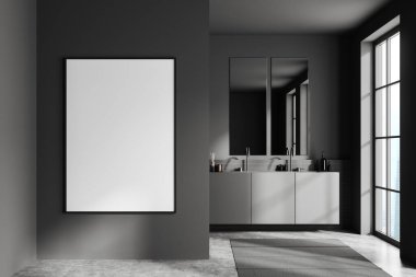 Front view on dark bathroom interior with empty white canvas, panoramic window, two mirrors, double sink, carpet, concrete floor, grey walls. Concept of water treatment. Mock up. 3d rendering