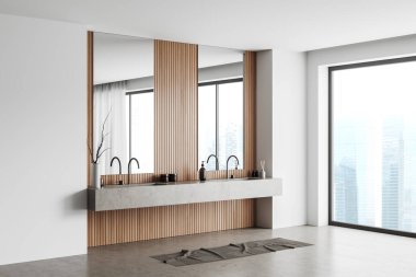 White bathroom interior with double sink and mirror, side view foot towel on grey concrete floor. Panoramic window on skyscrapers. 3D rendering