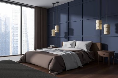 Blue bedroom interior bed and minimalist decoration, side view. Hotel sleeping corner with nightstand and panoramic window on skyscrapers. 3D rendering