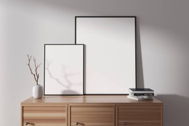 Front view on bright living room interior with two empty white posters, sideboard, white wall, books, plant. Concept of minimalist design. Place for meeting. Mock up. 3d rendering