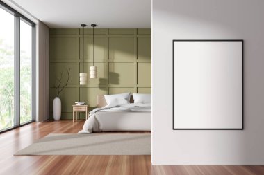 Stylish hotel bedroom interior bed and nightstand with decoration, hardwood floor. Panoramic window on tropics. Mock up canvas poster on partition. 3D rendering