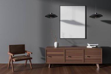 Front view on dark living room interior with empty white poster, armchair, sideboard, oak wooden floor, grey wall, books. Concept of minimalist design. Place for meeting. Mock up. 3d rendering