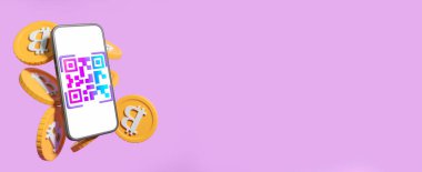 Phone mock up blank empty screen, gradient QR code with bitcoins on empty purple banner background. Concept of cryptocurrency and blockchain. 3D rendering