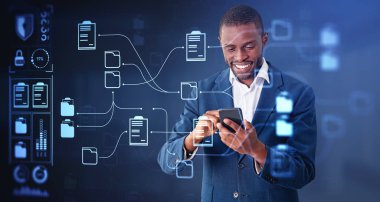 Black smiling businessman working with smartphone, online documentation database and files storage hud. Concept of digital information and mobile app
