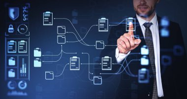 Businessman finger touching virtual screen with online documentation system. Concept of files management and database security