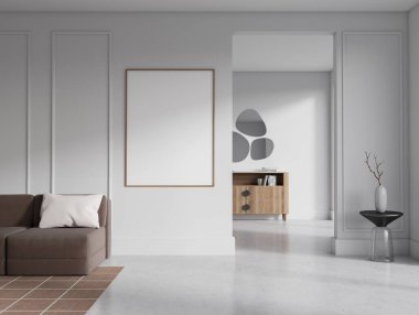 Luxury living room interior with sofa and mockup canvas poster, light concrete floor. Partition and cabinet with art decoration. 3D rendering
