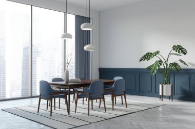 Blue and white living room interior with dinner table and chairs on carpet, side view. Panoramic window on skyscrapers. Mockup empty wall. 3D rendering