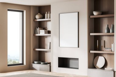 Corner view on bright living room interior with empty white poster, panoramic window, shelves with crockery, hardwood floor. Concept of minimalist design. Place for meeting. Mock up. 3d rendering