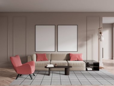 Modern relaxing room interior with sofa and coffee table with decoration, carpet on hardwood floor. Lounge zone with two mockup frames in row. 3D rendering