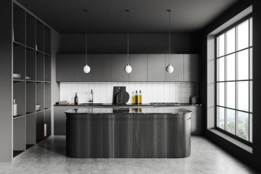 Dark kitchen interior with bar island, cabinet with sink and stove with kitchenware. Cooking zone with panoramic window on countryside. 3D rendering