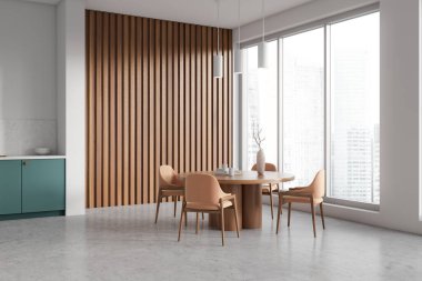 Corner view on bright kitchen room interior with dining table, armchairs, white wall, concrete floor, panoramic window, cooking inventory. Concept of minimalist design. 3d rendering
