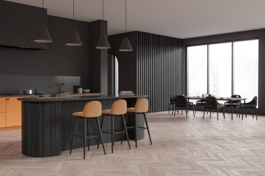 Corner view on dark kitchen room interior with dining table, island, barstools, armchairs, grey wall, wooden floor, panoramic window, cooking inventory. Concept of minimalist design. 3d rendering
