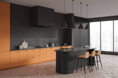 Black and orange kitchen interior with bar island and stool, side view hardwood floor. Cooking corner with shelves and panoramic window on skyscrapers. 3D rendering