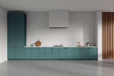 Front view on bright kitchen room interior with cupboard, white wall, concrete floor, gas cooker, sink, cooking inventory, desks. Concept of minimalist design. 3d rendering