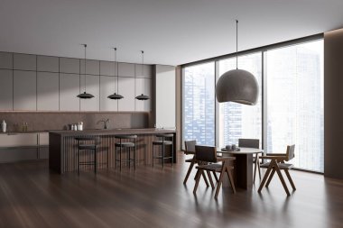 Corner view on dark kitchen room interior with dining table, island, barstool, armchairs, panoramic window, cupboard, grey wall, hardwood floor, sink. Concept of minimalist design. 3d rendering