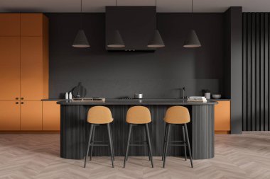Black and orange kitchen interior with bar island and stool, hardwood floor. Cooking area with shelves and sink with stove. 3D rendering