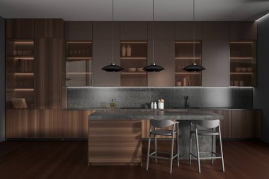 Front view on dark kitchen room interior with island, barstools, cupboard, grey wall, hardwood floor, sink, cooking inventory, shelves. Concept of minimalist design. 3d rendering