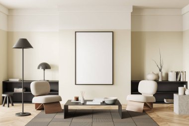 Stylish living room interior with two armchairs and art decoration, carpet on hardwood floor. Lounge zone with mockup canvas poster. 3D rendering