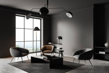 Dark living room interior with armchairs, side view coffee table and shelf with decoration. Modern meeting space with panoramic window on countryside. Mock up copy space wall. 3D rendering