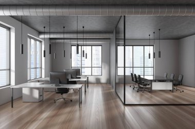 Grey office interior with coworking and conference room behind glass doors, pc computer on desk. Panoramic window on Singapore skyscrapers. 3D rendering