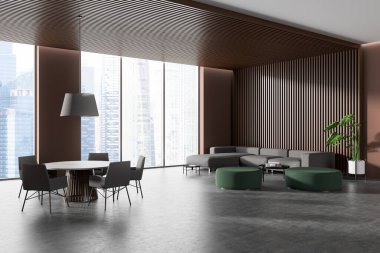 Dark living room interior with dinner table and chairs, side view grey concrete floor. Sofa in the corner and panoramic window on skyscrapers. 3D rendering