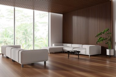 Corner view on bright meeting room interior with two sofa, panoramic window, book, wooden and white wall, coffee table, concrete floor. Concept of minimalist design. Place for meeting. 3d rendering