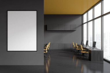 Dark workspace interior with pc computer on desk. Coworking zone with shelves and panoramic window on skyscrapers. Mockup canvas poster on partition. 3D rendering