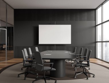 Modern business room interior with conference board, mock up white blank project screen on stand and panoramic window on skyscrapers. 3D rendering