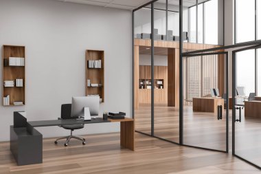 Corner view on bright office room interior with desktop, desk, armchairs, panoramic window, hardwood floor, shelves. Concept of company, firm, director workspace. 3d rendering