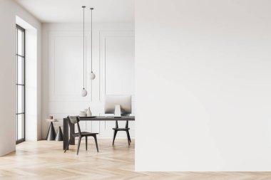 White office interior with pc computer on work desk and chairs, panoramic window and hardwood floor. Consulting area and copy space empty partition. 3D rendering