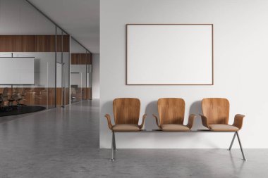 White business room interior with waiting area and mock up canvas poster. Conference room behind glass doors with mockup empty project screen. 3D rendering