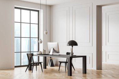 Cozy office interior with pc computer on table, side view hardwood floor. Consulting corner and panoramic window on skyscrapers. 3D rendering