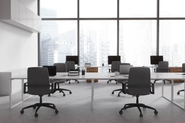 White business interior with table, armchairs and laptop. Workspace with pc computer on desk in row near panoramic window on Singapore skyscrapers. 3D rendering