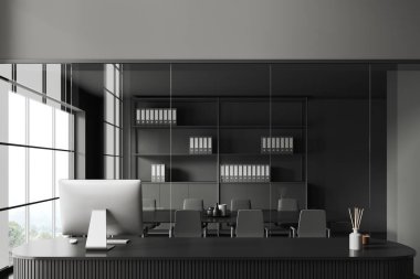 Front view on dark office room interior with meeting board, table, desk, desktop, panoramic window with Singapore view, shelf with folder, concrete floor. Concept of conference hall. 3d rendering