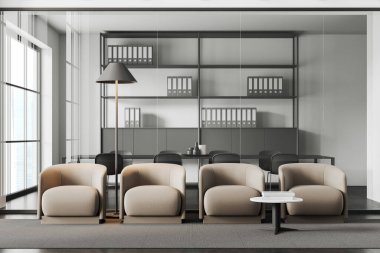 White business interior with waiting and conference area behind glass doors. Shelf with documents and panoramic window on skyscrapers. 3D rendering