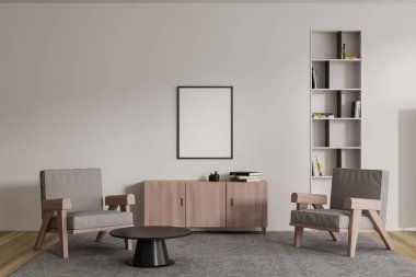 Cozy relaxing interior with drawer and two armchairs, carpet on hardwood floor. Relaxing zone with shelf and mock up canvas poster. 3D rendering