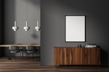 Dark living room interior with sideboard, wooden table with chairs on hardwood floor. Mock up canvas poster on grey partition. 3D rendering