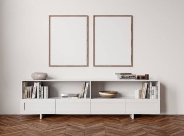 White living room interior with drawer and art decoration, hardwood floor. Exhibition room with two mock up canvas posters. 3D rendering
